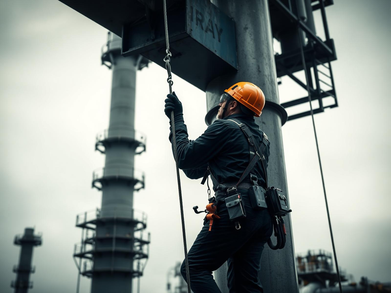 IRATA rope access technician inspecting industrial structure at a refinery
